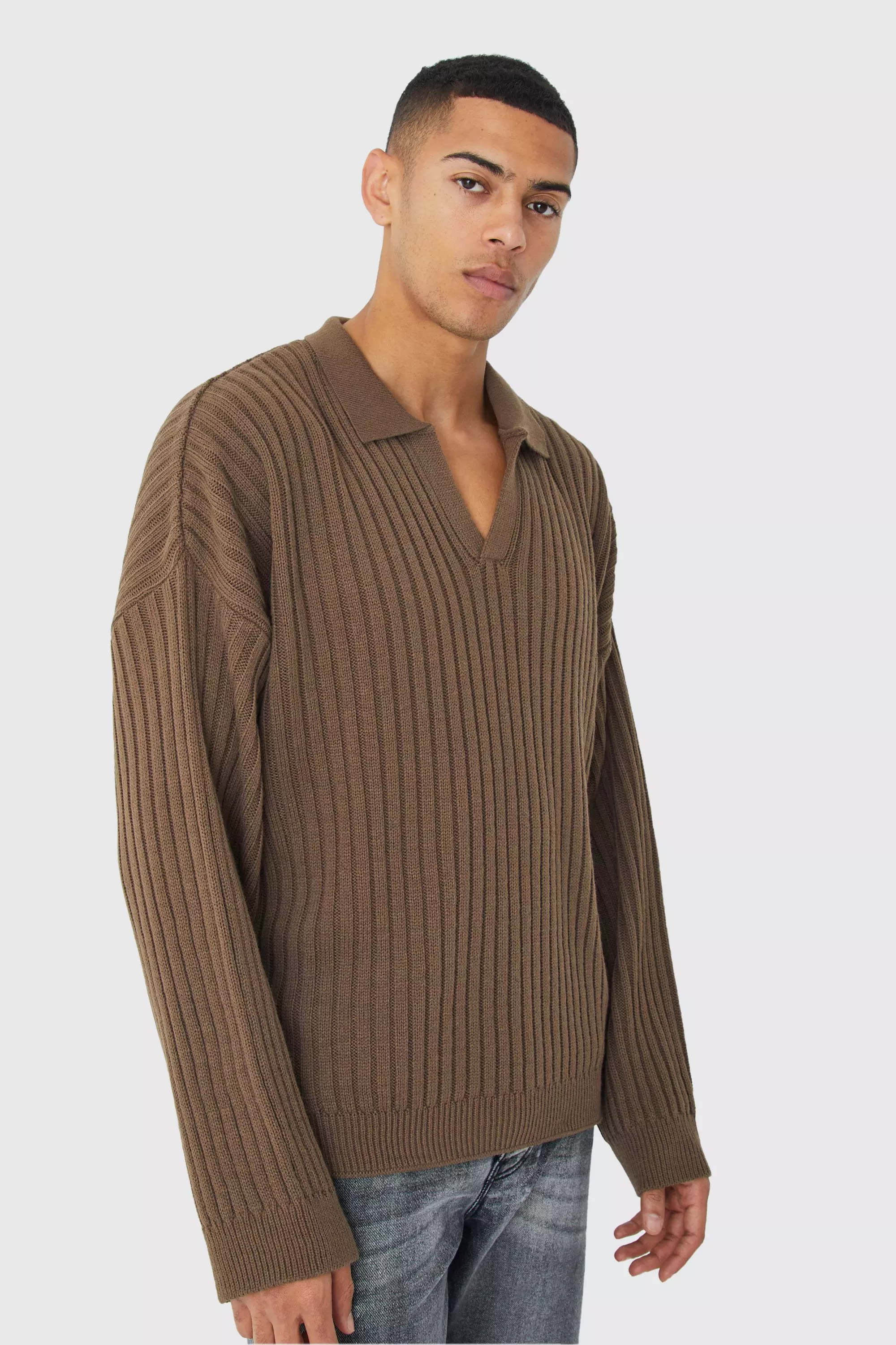 Oversized Chunky Ribbed V Neck Polo Taupe