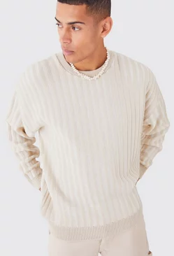 Oversized Crew Neck Two Tone Rib Knitted Jumper Stone