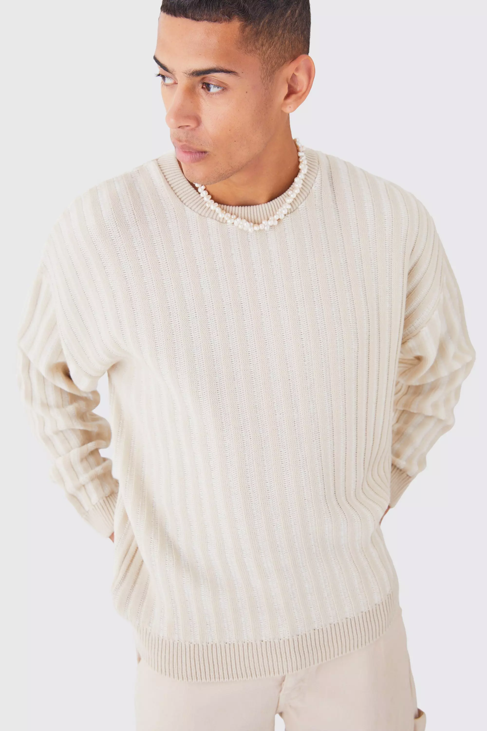 Oversized Crew Neck Two Tone Rib Knitted Jumper Stone