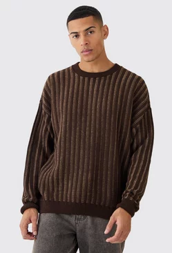 Oversized Crew Neck Two Tone Rib Knitted Jumper Chocolate