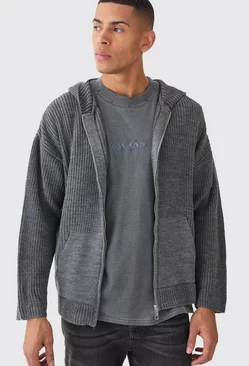 Boxy Ribbed Knitted Zip Through Hoodie Charcoal