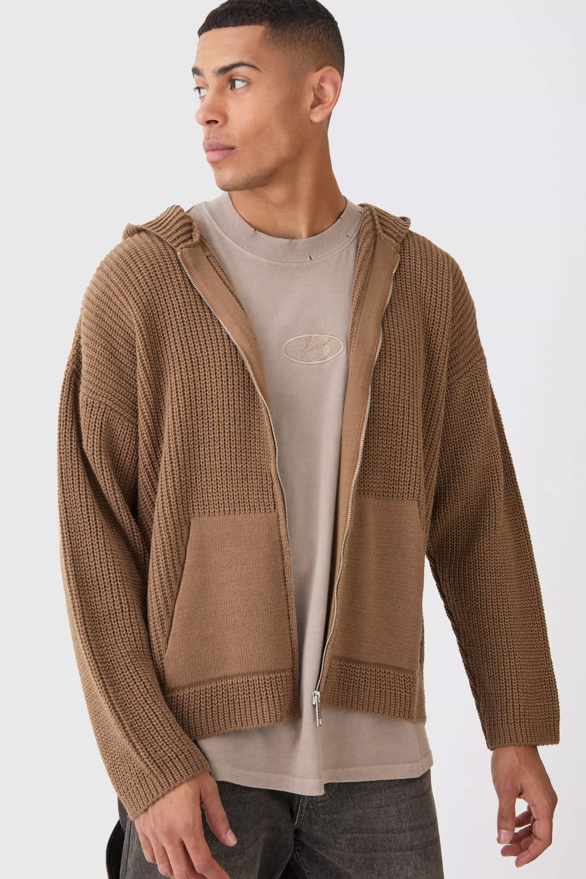 Taupe Beige Boxy Ribbed Knitted Zip Through Hoodie