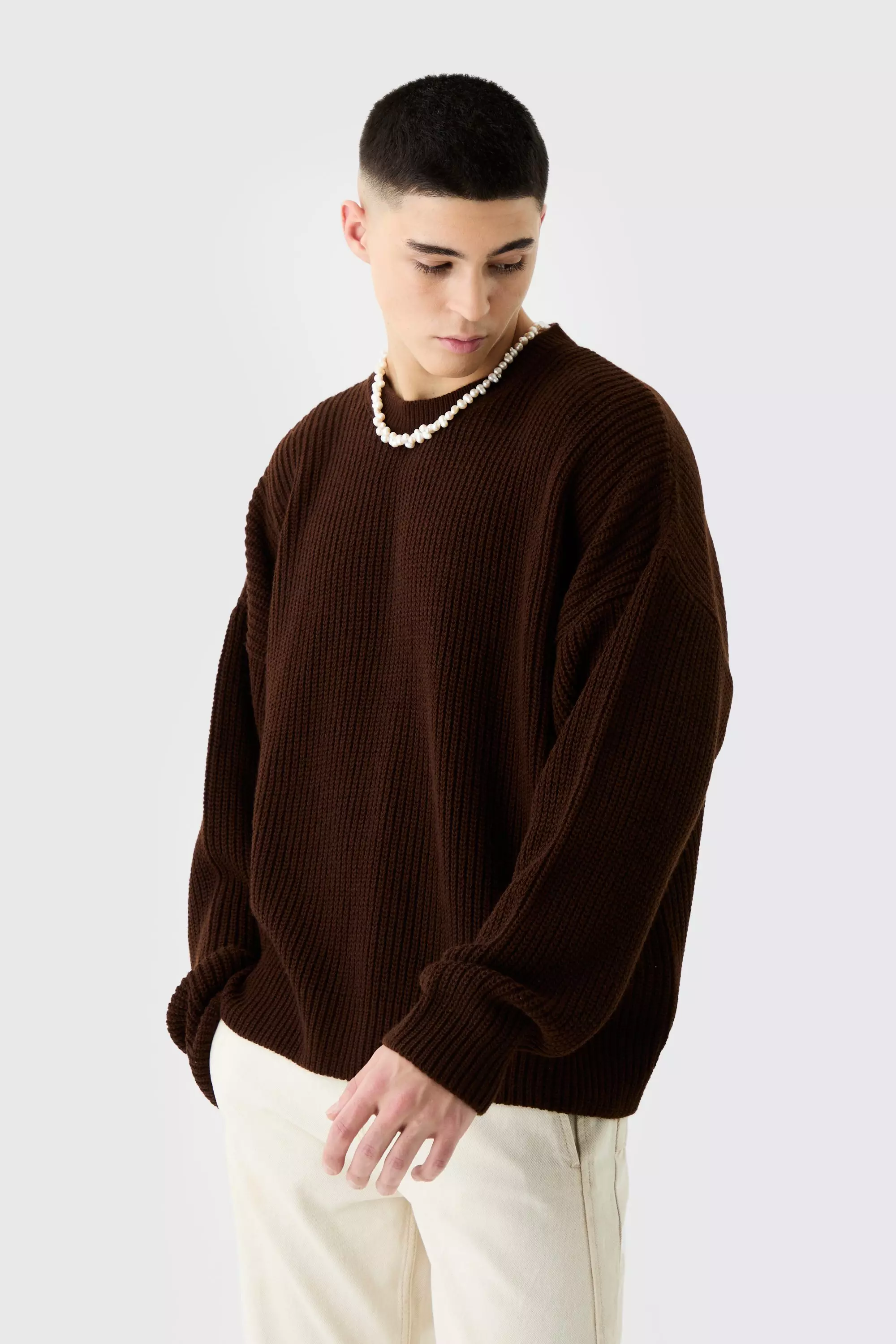 Boxy Crew Neck Ribbed Knitted Jumper Chocolate