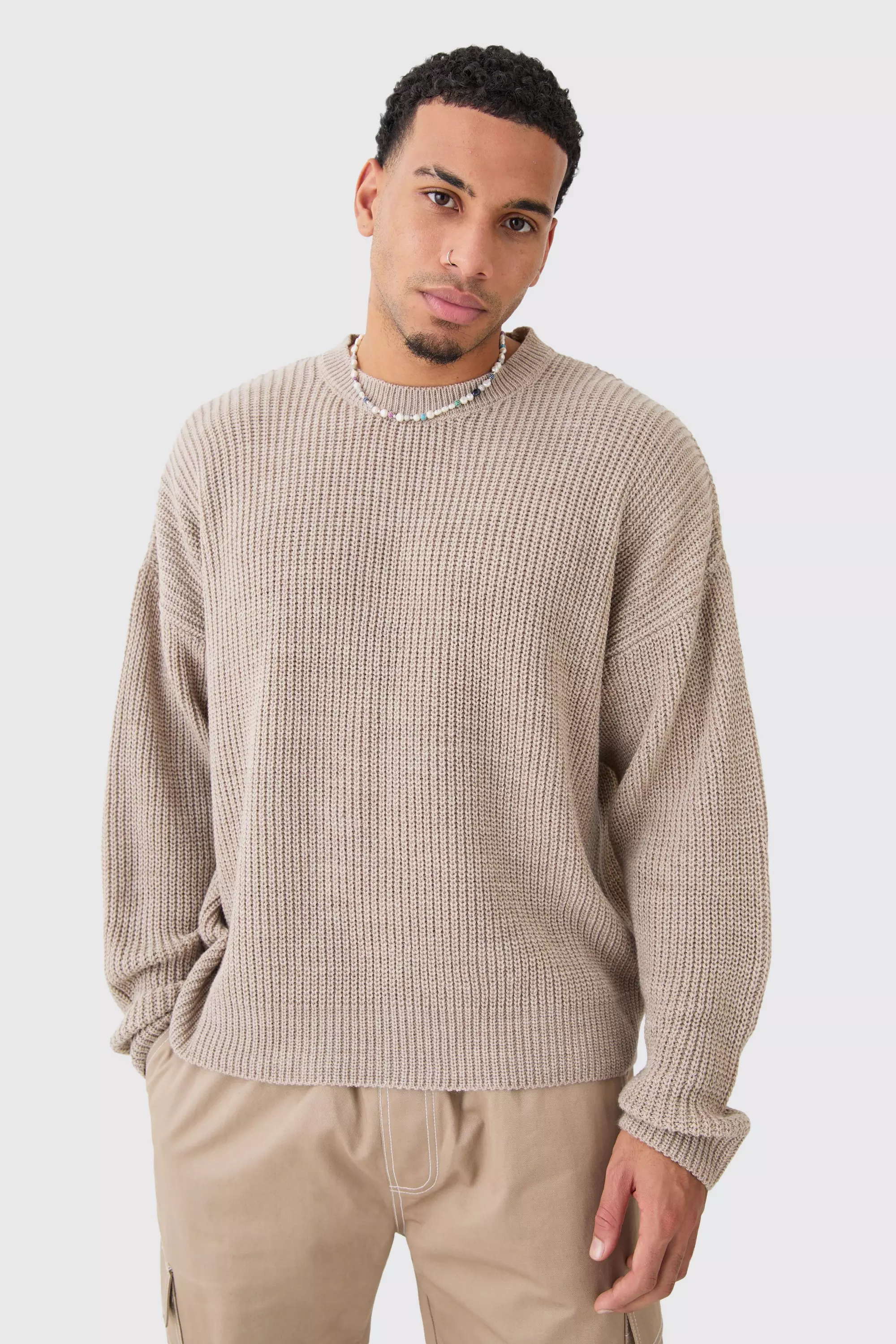 Boxy Crew Neck Ribbed Knitted Sweater Stone