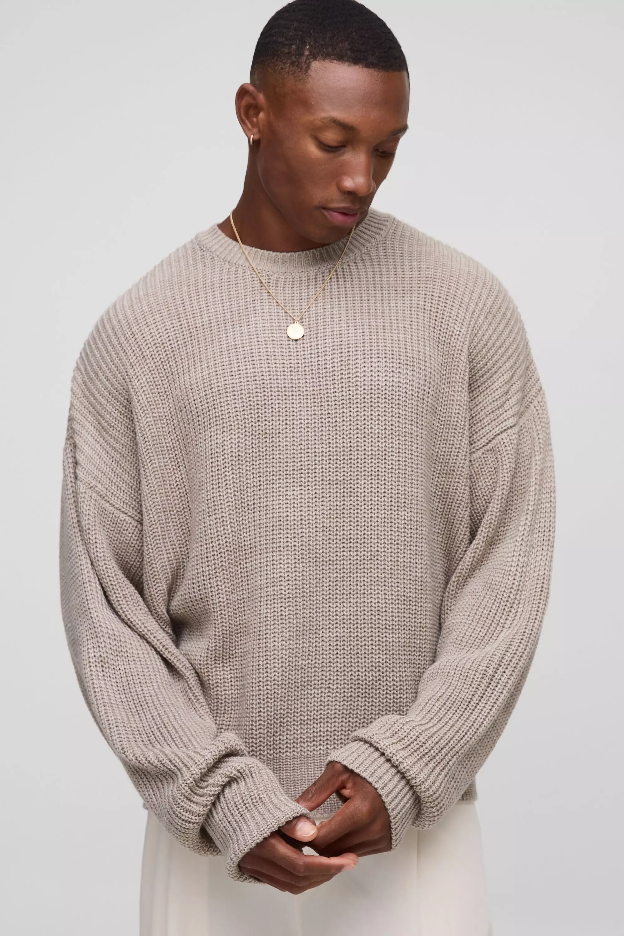 Boxy Crew Neck Ribbed Knitted Sweater | boohooMAN USA