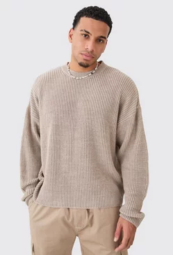 Boxy Crew Neck Ribbed Knitted Jumper Stone