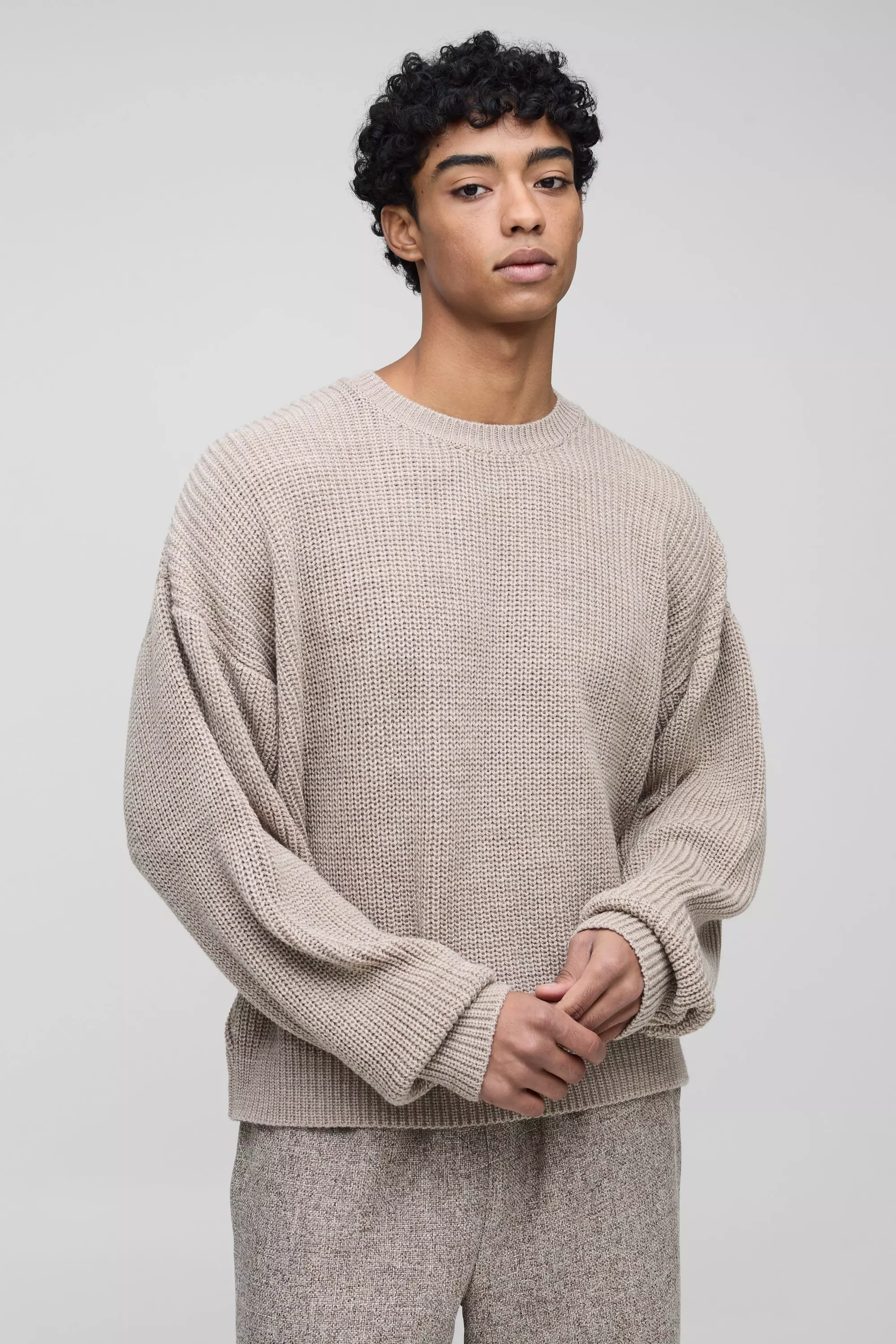 Boxy Crew Neck Ribbed Knitted Jumper Stone