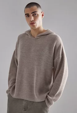 Boxy Knitted Ribbed Hoodie Stone