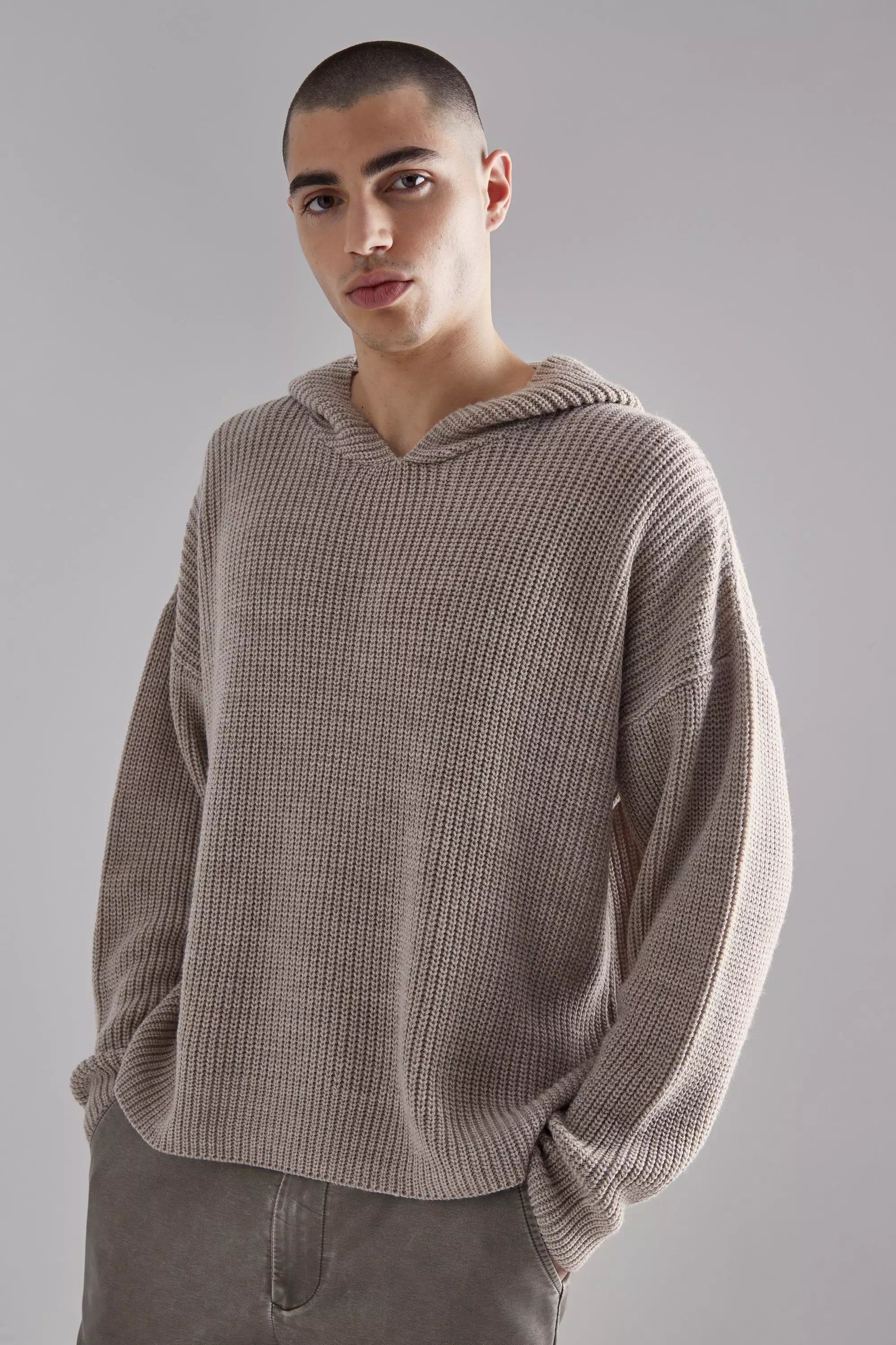 Boxy Knitted Ribbed Hoodie Stone