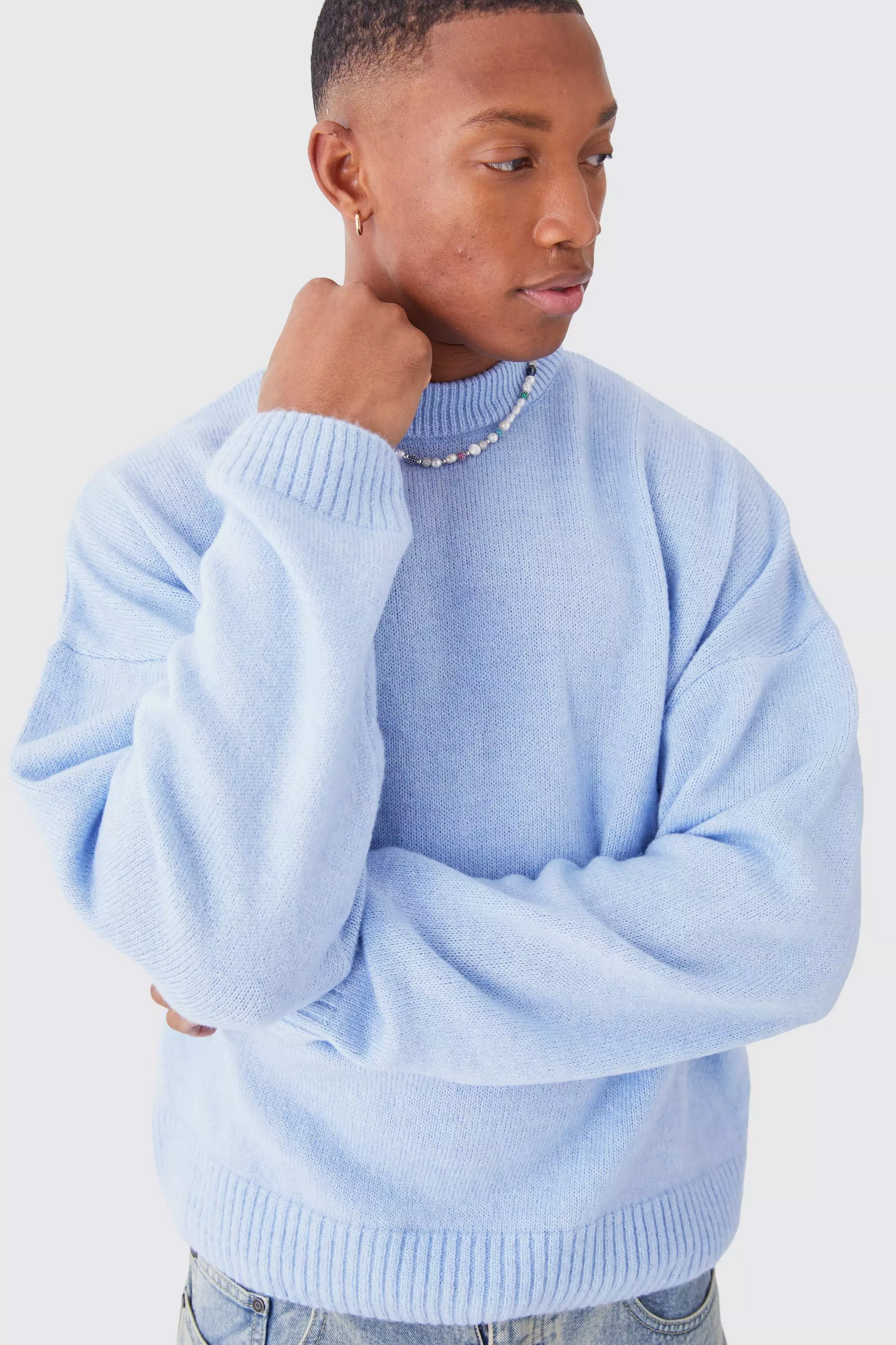 Boxy Brushed Extended Neck Knitted Sweater Pale blue