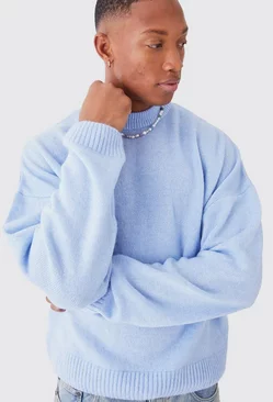 Blue Boxy Brushed Extended Neck Knitted Jumper