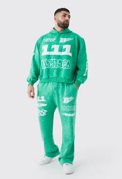 Green Plus Oversized Boxy Ribbed Applique Wash Hooded Tracksuit