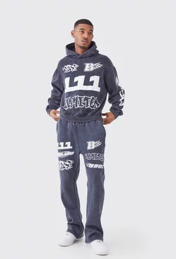 Tall Oversized Boxy Ribbed Puff Print Wash Hooded Tracksuit Charcoal