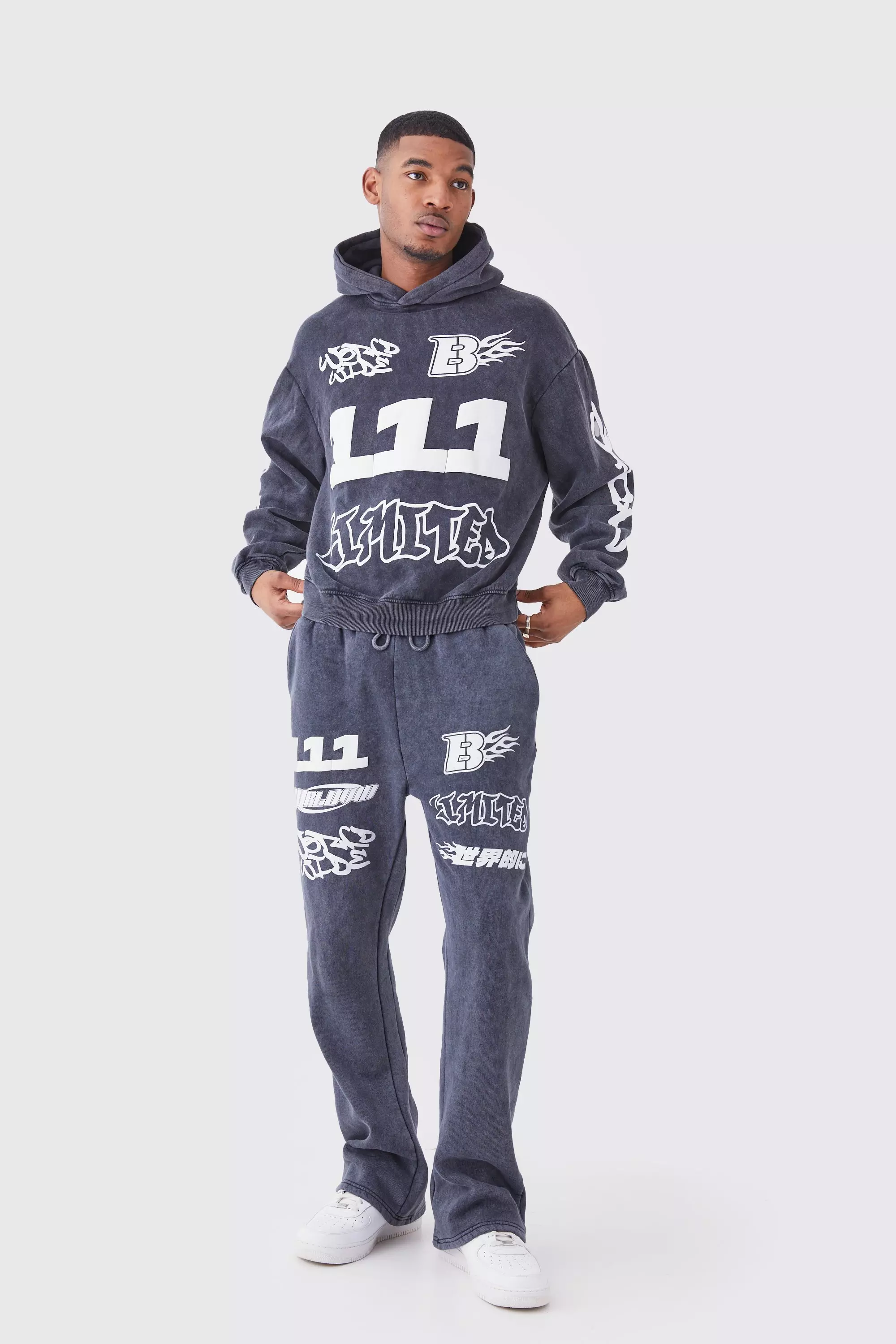 Charcoal Grey Tall Oversized Boxy Ribbed Puff Print Wash Hooded Tracksuit