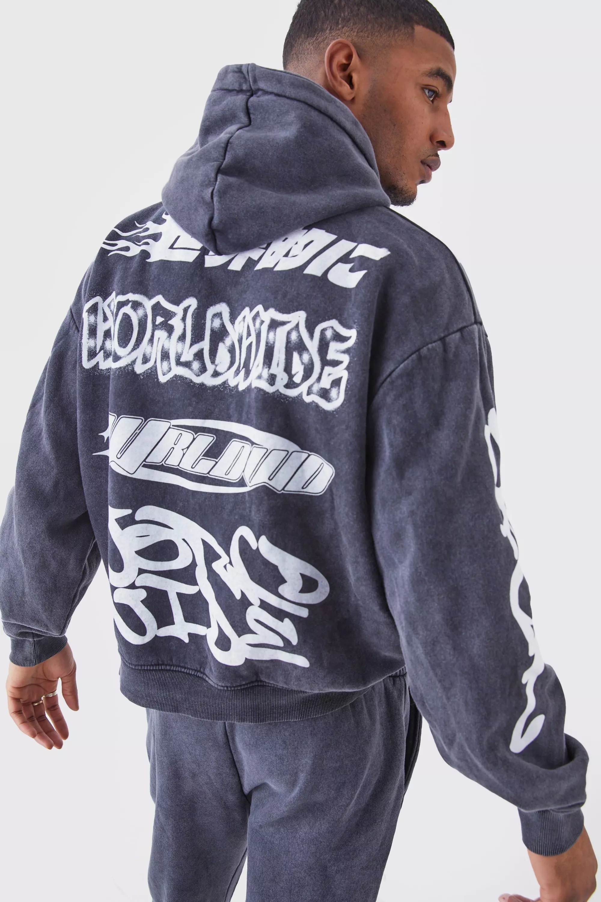 Tall Oversized Boxy Ribbed Puff Print Wash Hooded Tracksuit