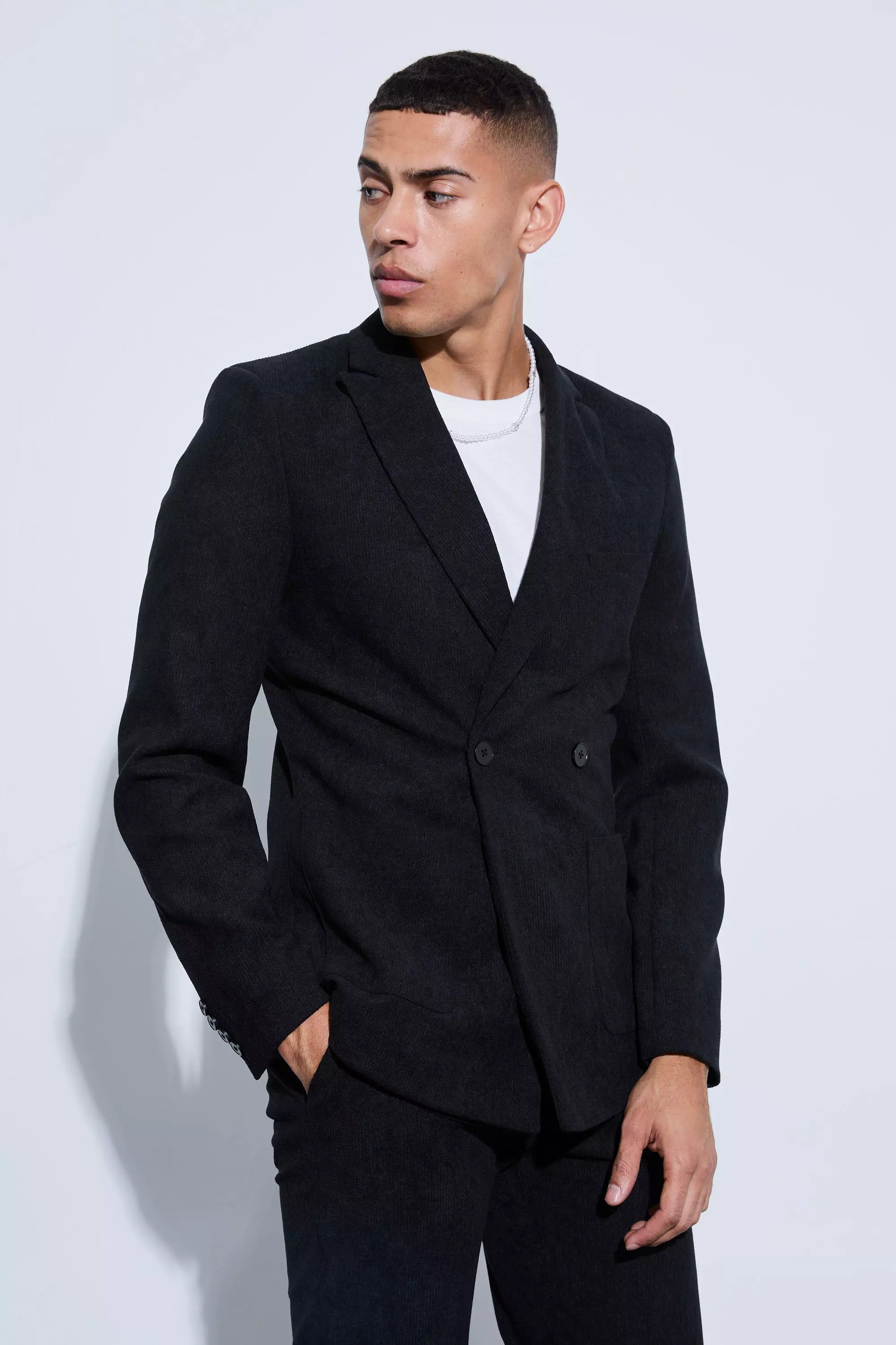 Skinny Fit Double Breasted Corduroy Blazer Black