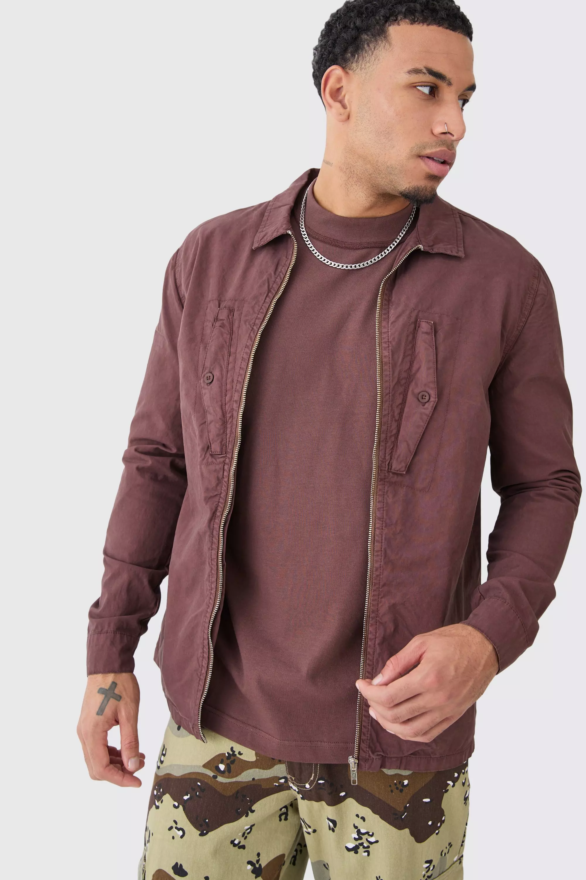 Chocolate Brown Zip Through Washed Long Sleeve Twill Shirt