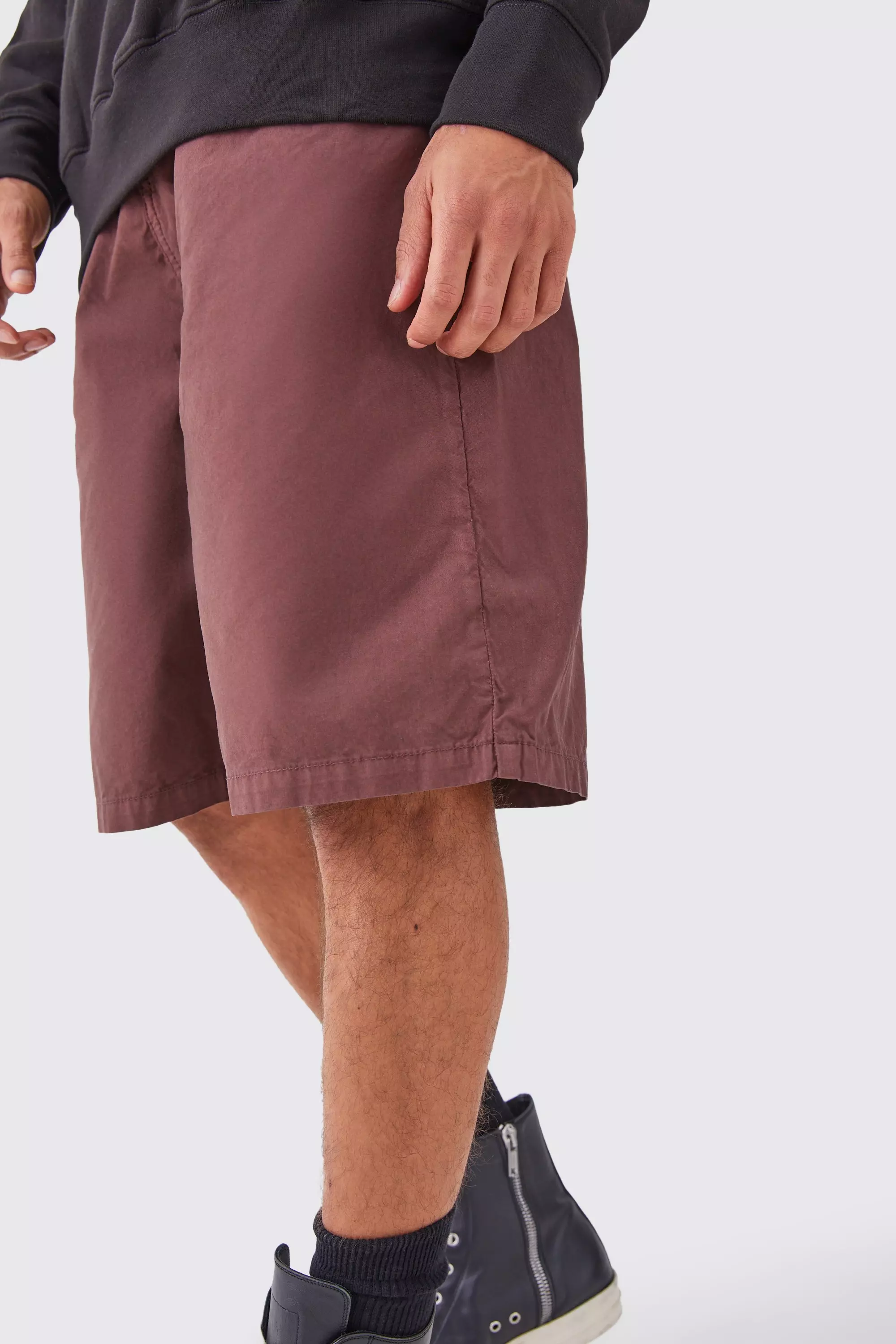 Fixed Waist Washed Longer Length Shorts Chocolate