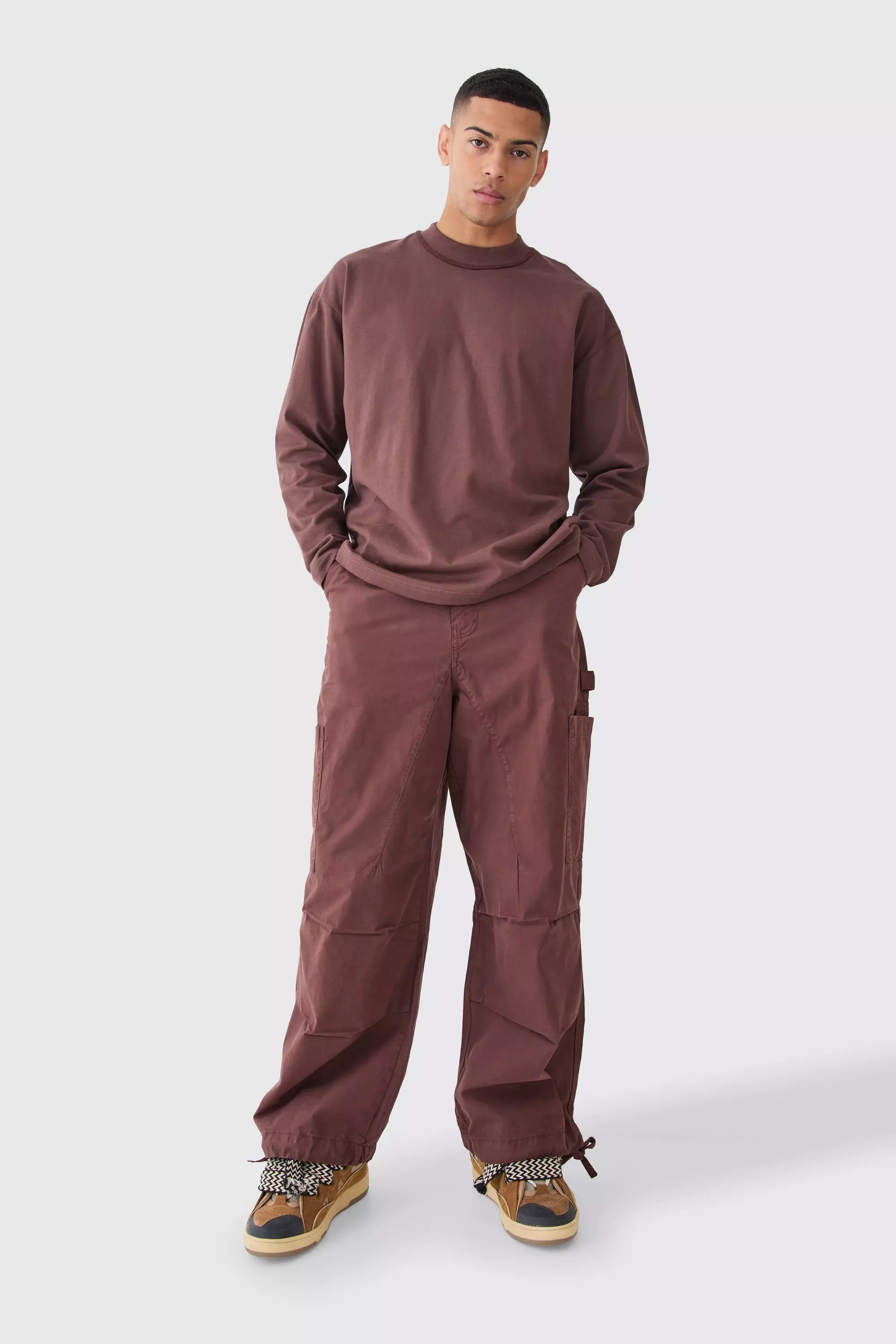 Chocolate Brown Fixed Waist Washed Parachute Pants