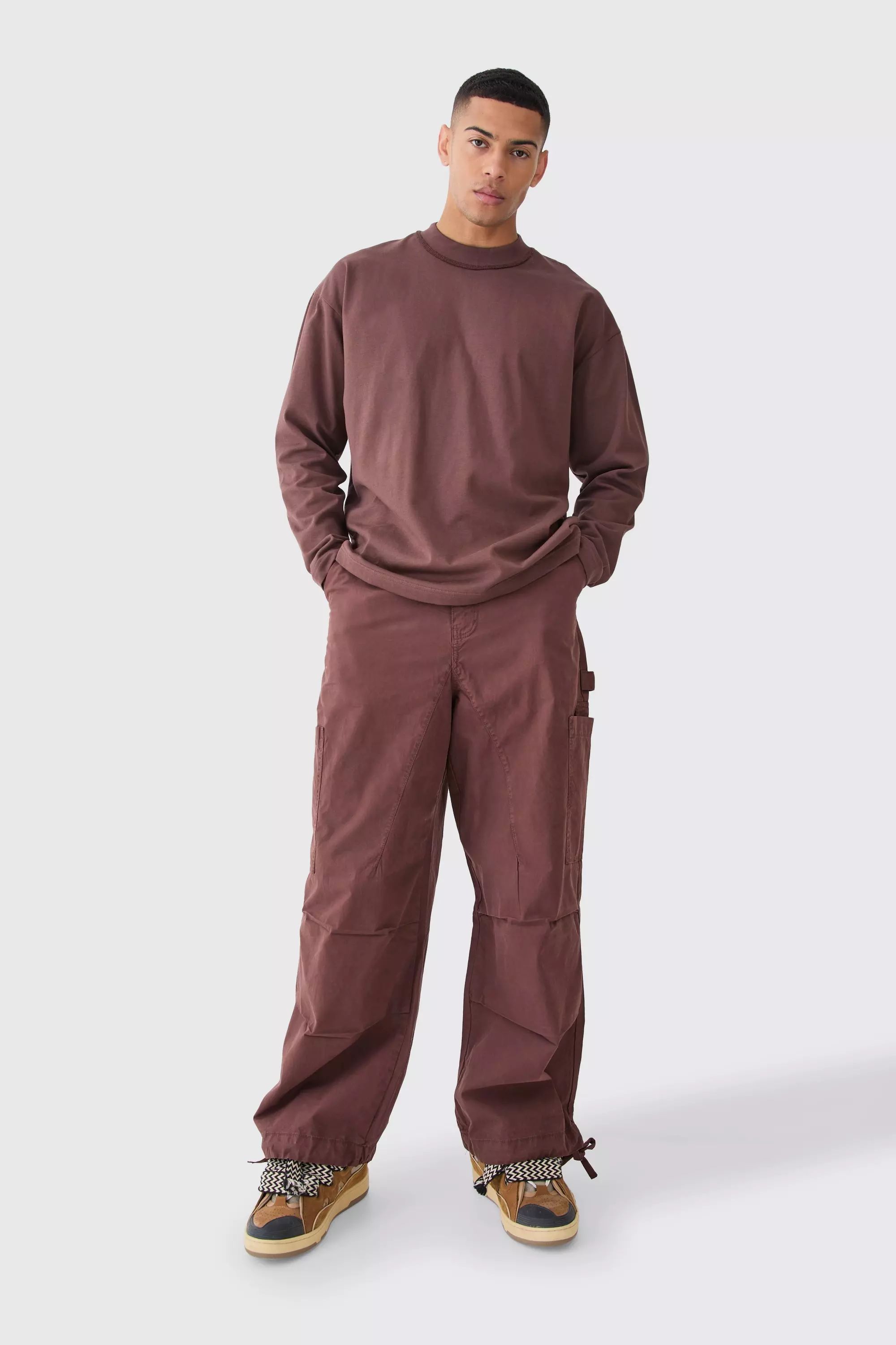 Chocolate Brown Fixed Waist Washed Parachute Pant