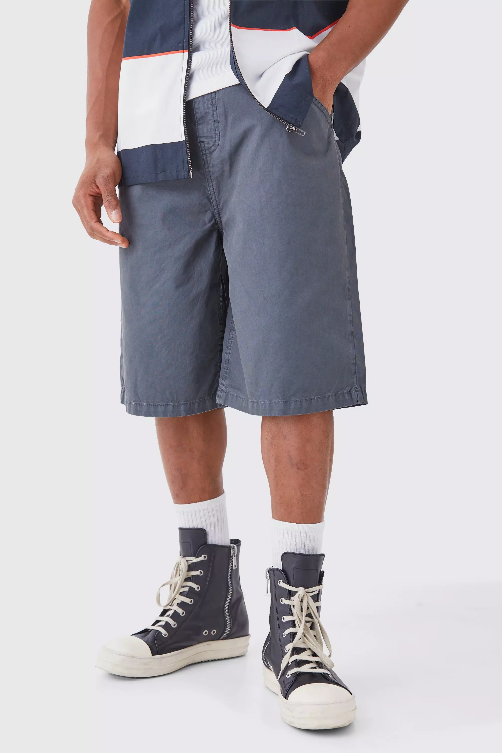 Fixed Waist Washed Twill Jorts Charcoal