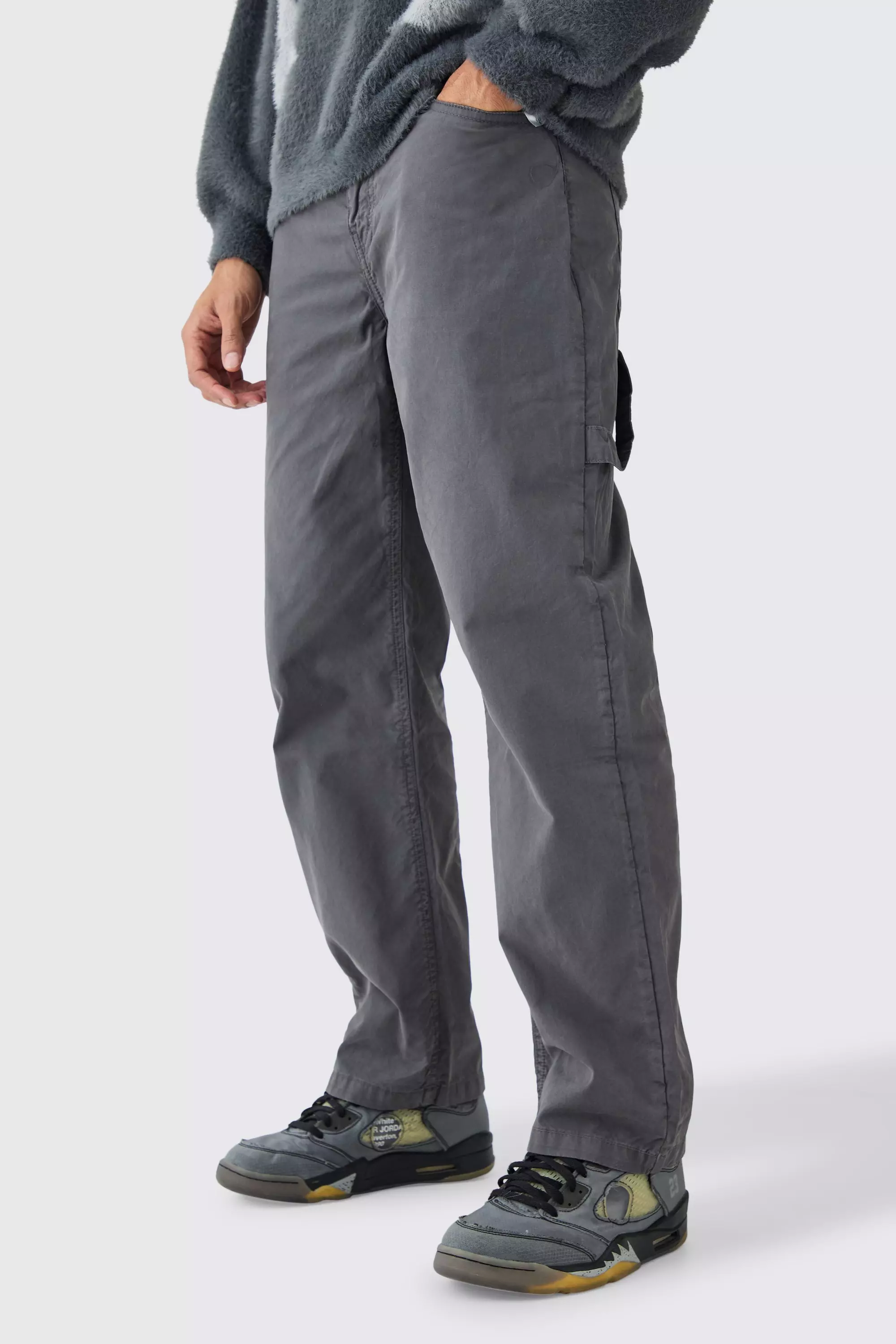 Charcoal Grey Fixed Waist Washed Relaxed Fit Carpenter Trouser