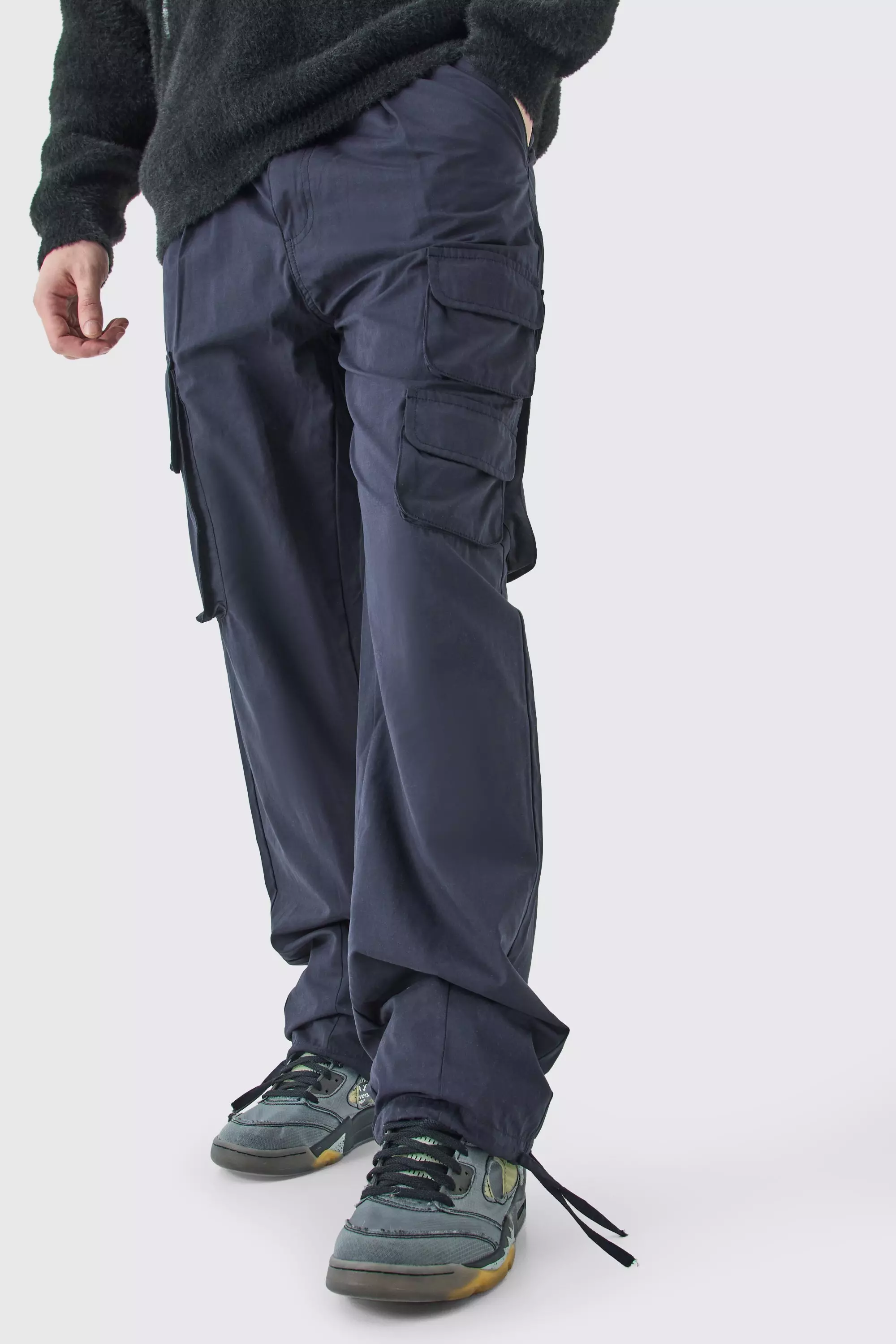 Tall Fixed Waist Relaxed Peached Pleat Cargo Trouser Black
