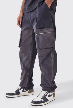 Black Tall Fixed Waist Stacked Straight Leg Overdye Cargo Trouser