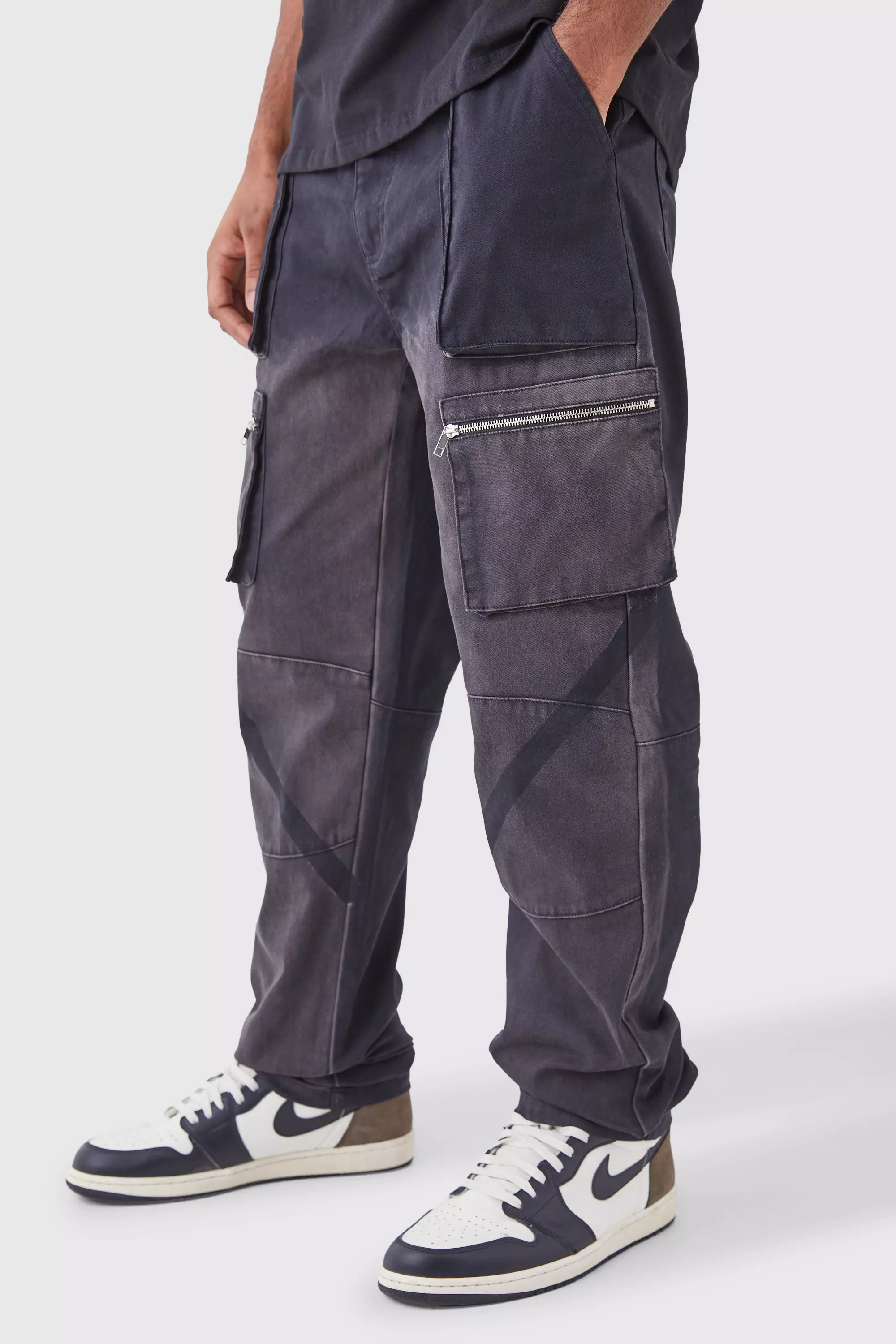Ash Grey Tall Fixed Waist Stacked Straight Leg Overdye Cargo Trouser