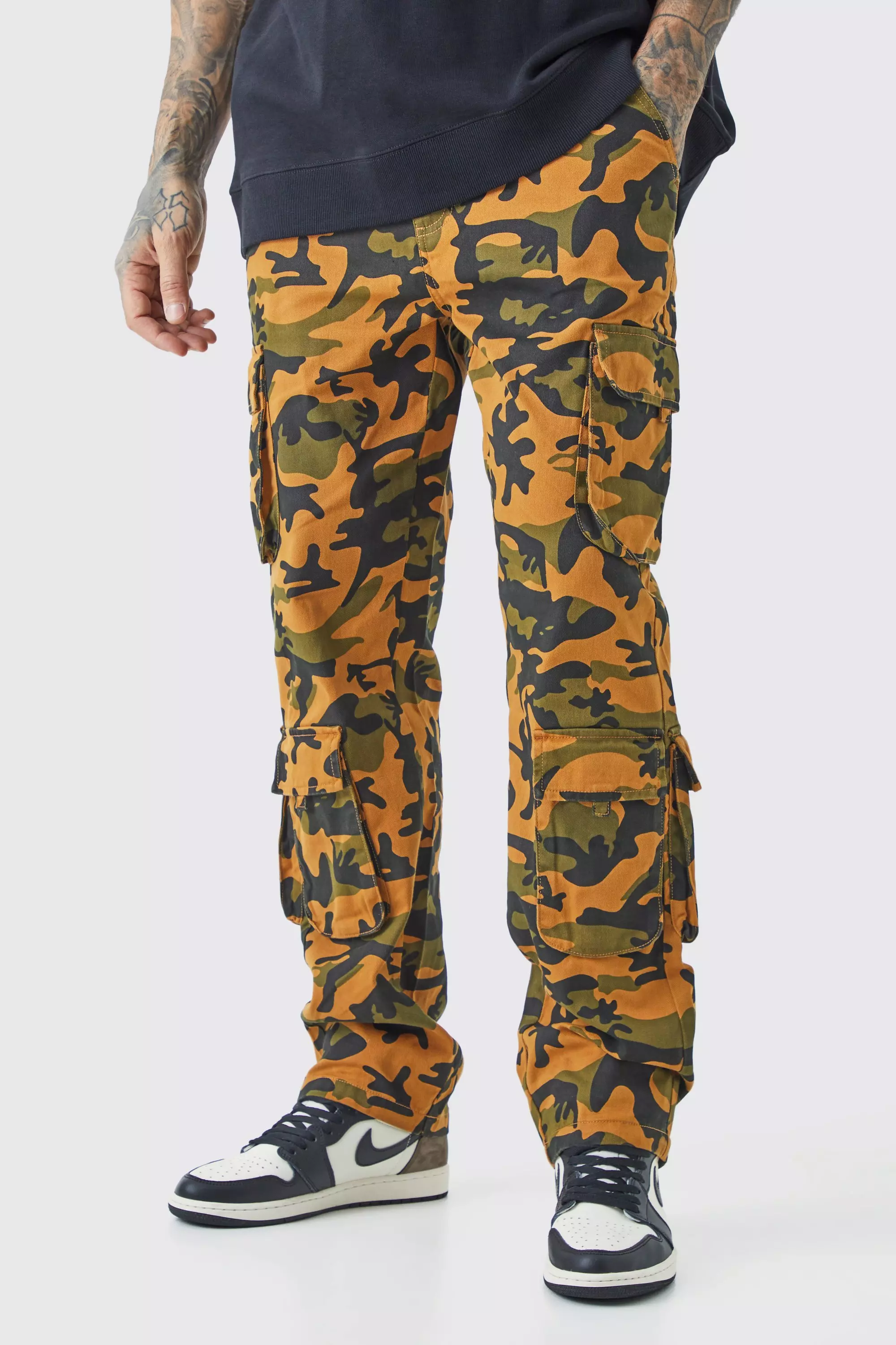 Tall Fixed Waist Wide Leg Twill Camo Cargo Pants Multi