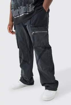Black Plus Fixed Waist Stacked Straight Leg Overdye Cargo Trouser