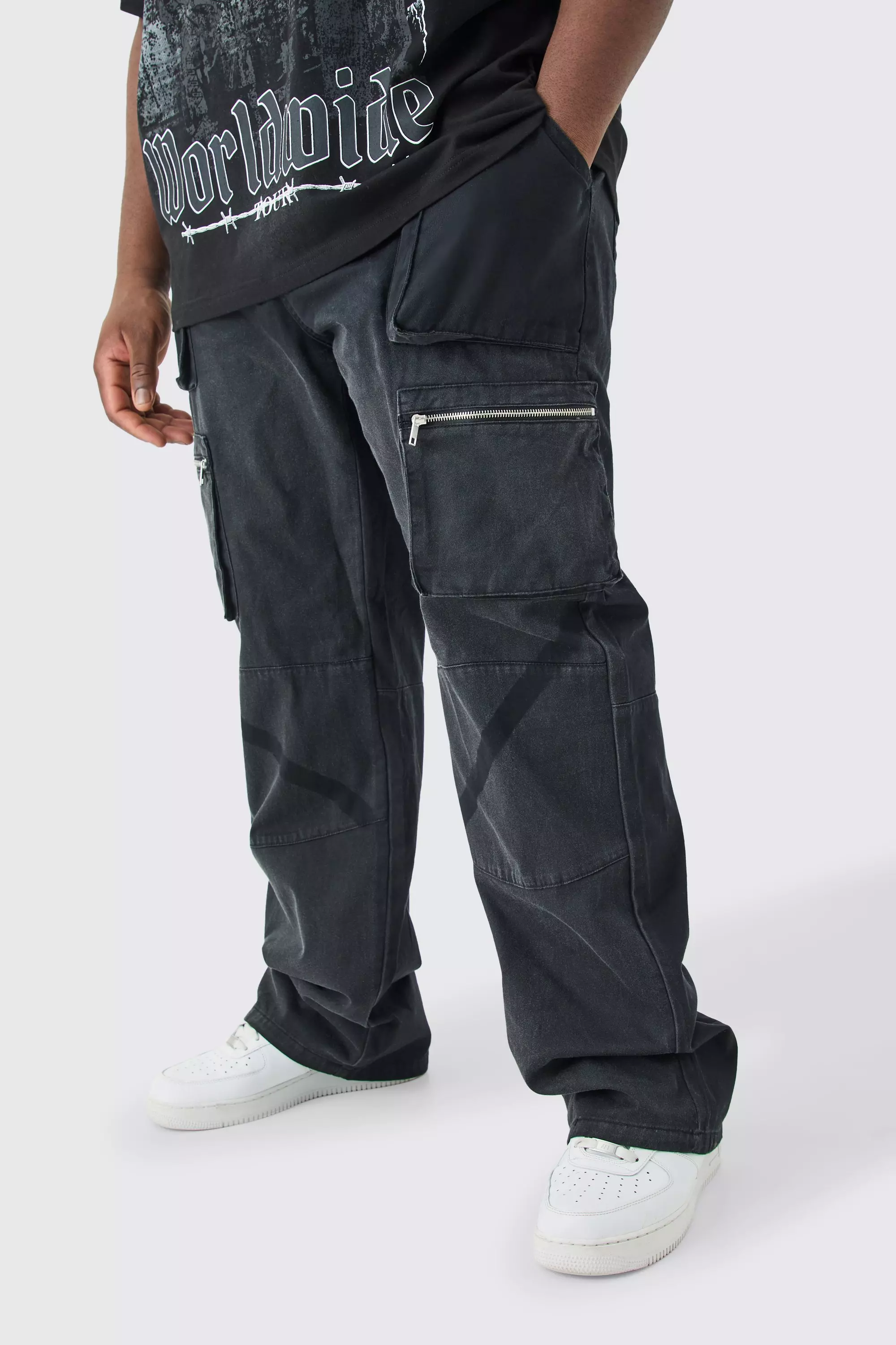 Ash Grey Plus Fixed Waist Stacked Straight Leg Overdye Cargo Trouser