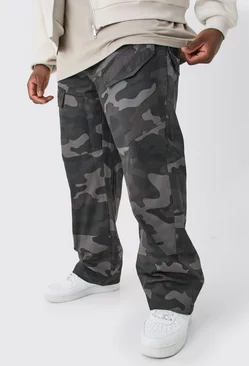 Plus Fixed Waist Relaxed Asymetric Camo Cargo Twill Trouser Multi