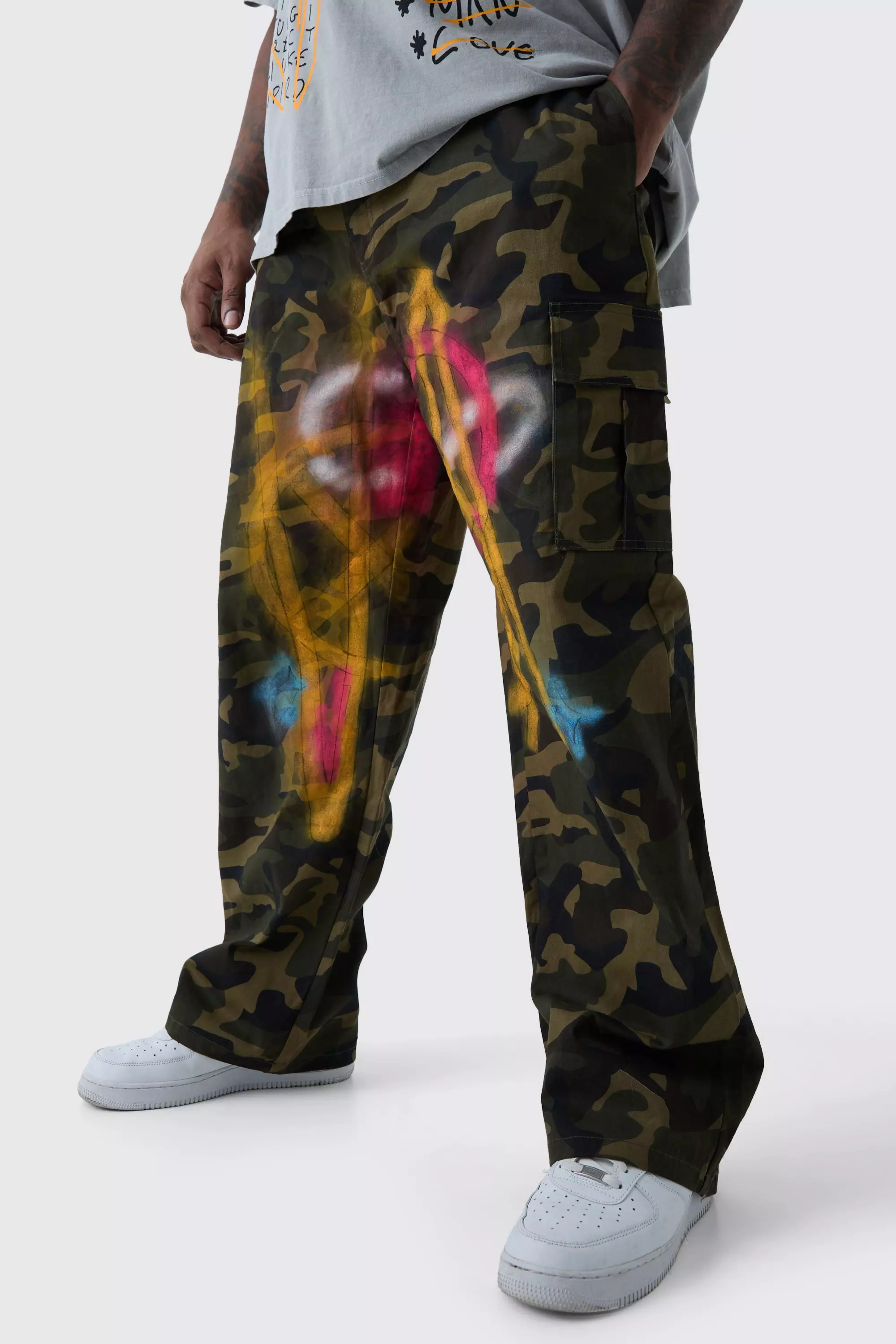 Plus Fixed Waist Relaxed Twill Camo Paint Splatter Cargo Tro Multi