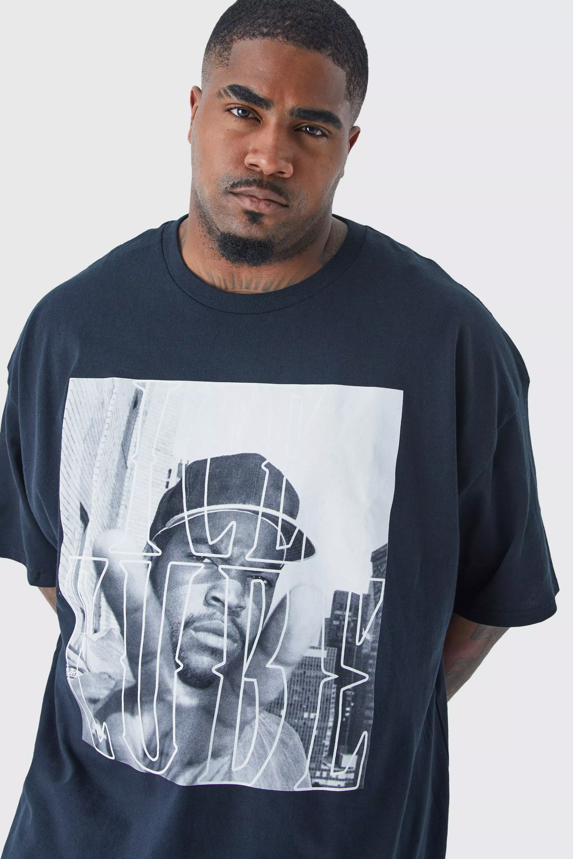 Plus Size Ice Cube Chest Print License T-shirt Black