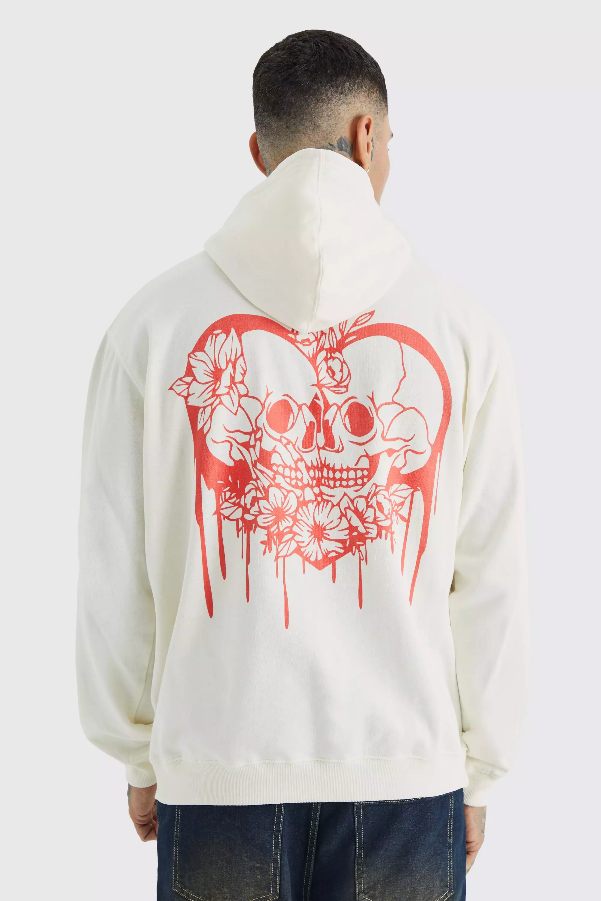 Ecru White Tall Oversized Skull Heart Graphic Hoodie