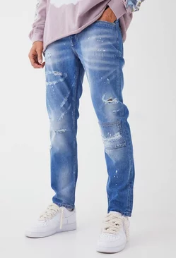 Blue Slim Rigid All Over Paint Detail Knee Ripped Jeans