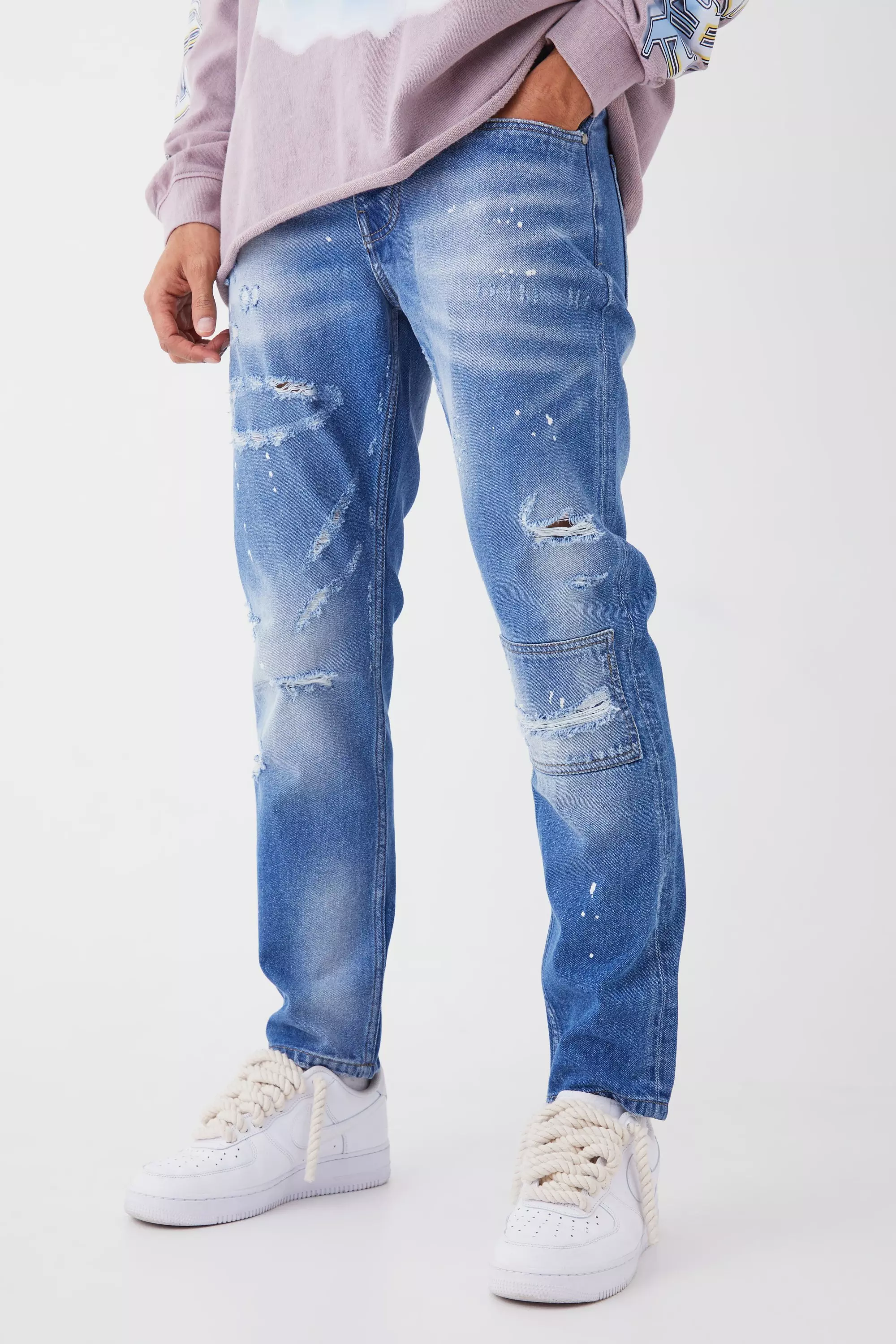 Blue Slim Rigid All Over Paint Detail Knee Ripped Jeans