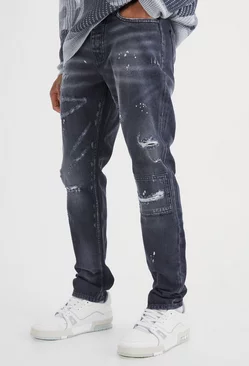 Ash Grey Slim Rigid All Over Paint Detail Knee Ripped Jeans In Black