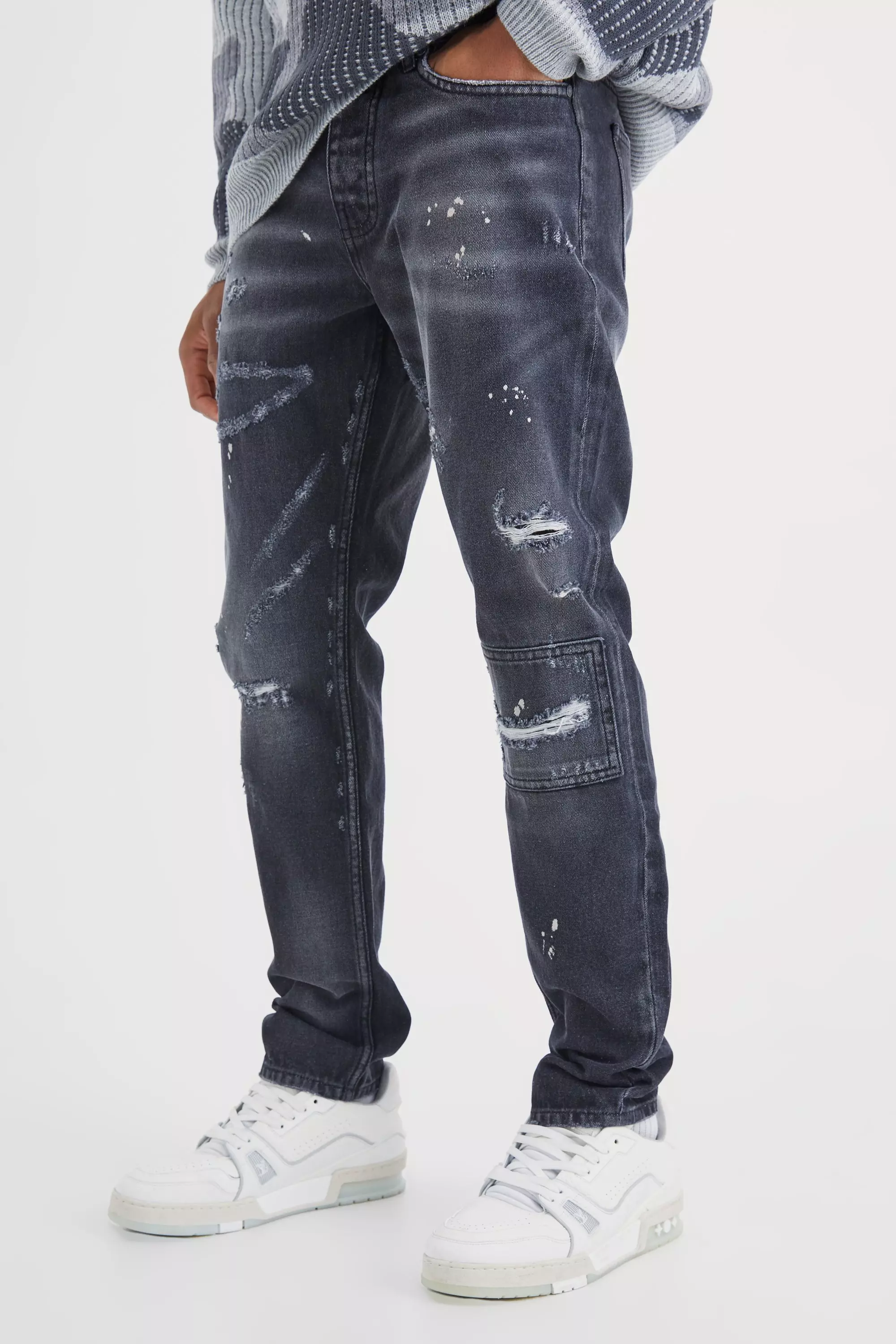 Men Ripped Stretch Skinny Jeans Distressed Frayed Denim Pants Knee Hole  Casual Trousers