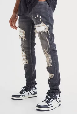 Grey Skinny Stretch Stacked White Pu Biker Rip & Repair Jeans
