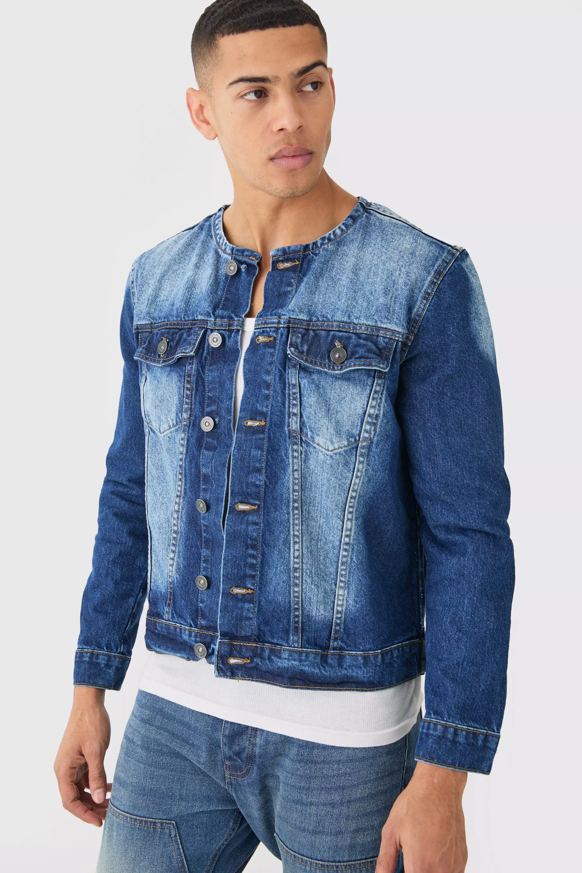 Collarless Denim Jacket In Indigo Indigo