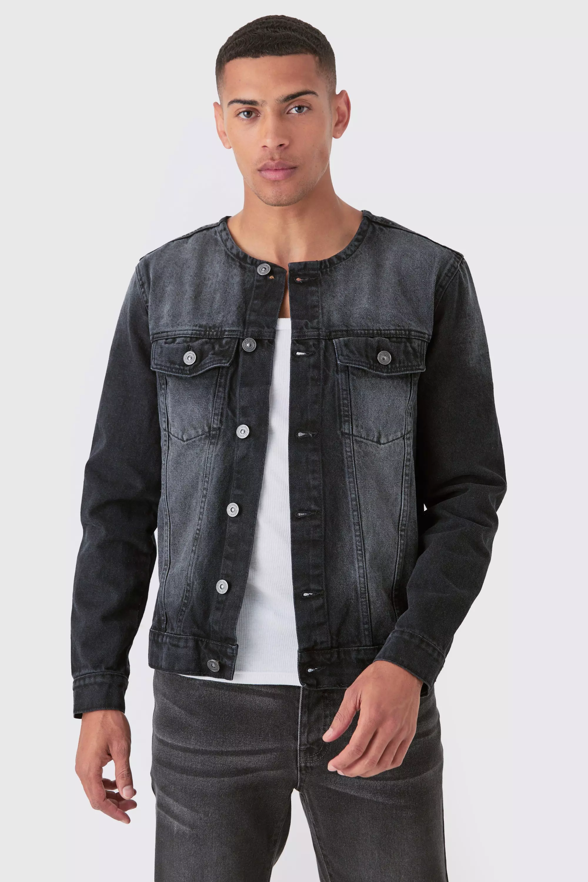 Collarless Jean Jacket In Washed Black Washed black