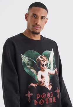 Black Tall Oversized Cherub Graphic Sweatshirt