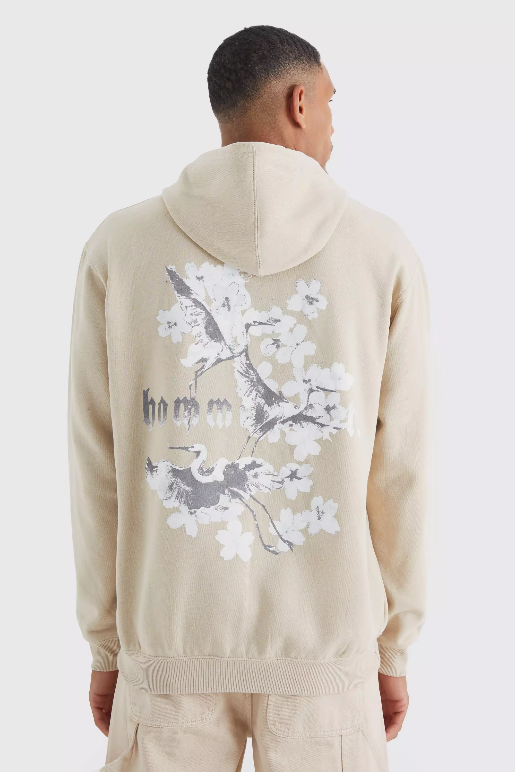 Sand Beige Tall Oversized Homme Blossom Graphic Hoodie