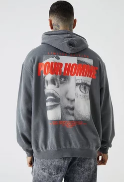 Tall Oversized Pour Homme Acid Wash Graphic Hoodie Black