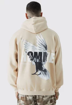 Tall Oversized Homme Dove Back Print Graphic Hoodie Sand