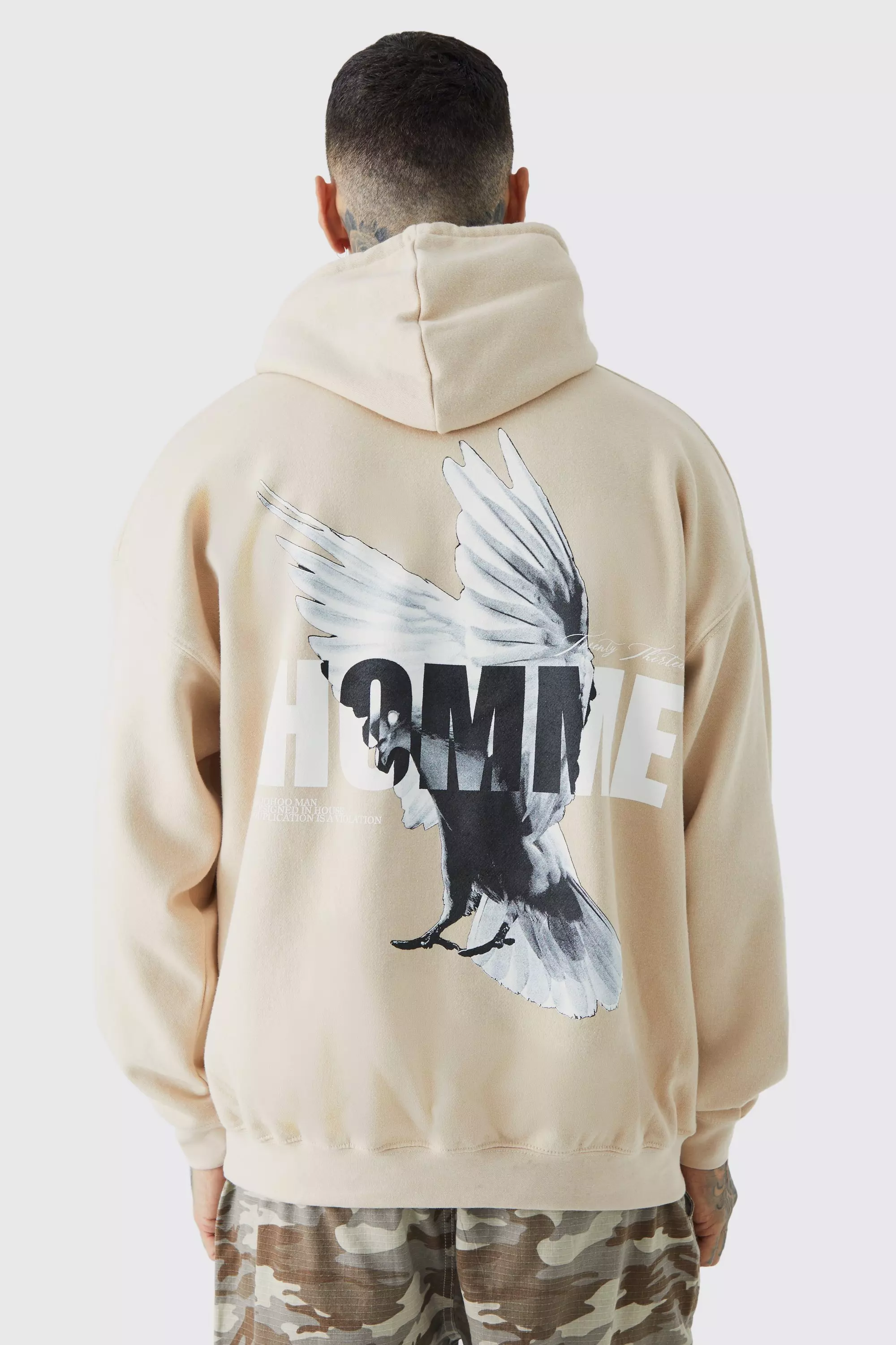 Sand Beige Tall Oversized Homme Dove Back Print Graphic Hoodie