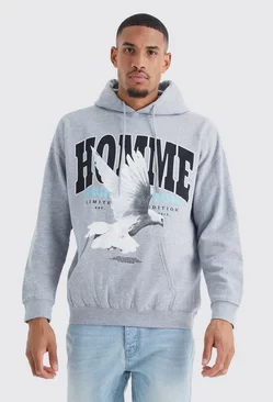 Grey Tall Oversized Homme Dove Print Graphic Hoodie