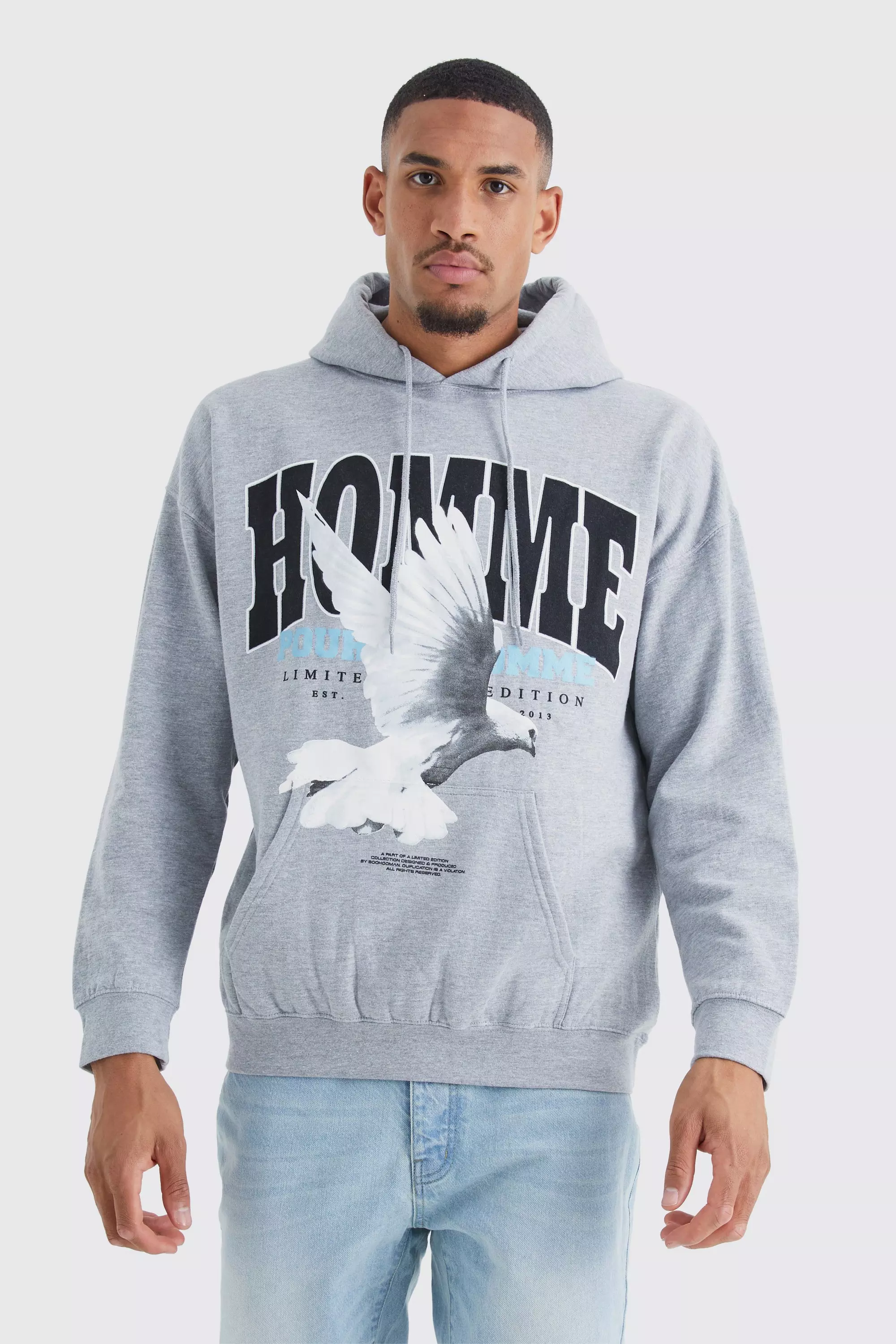 Tall Oversized Homme Dove Print Graphic Hoodie Grey marl